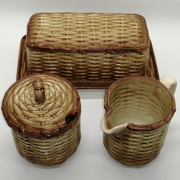VTG Otigiri Basket Weave Sugar/Creamer/Butter Set - Picture 2 of 16